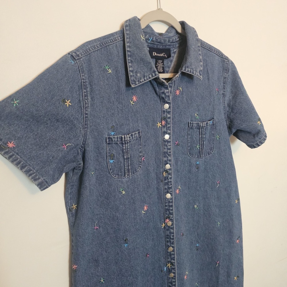 Vintage 90s Turquoise Blue Denim Floral Dress Large 100% Cotton Tshirt Dress - Picture 6 of 10